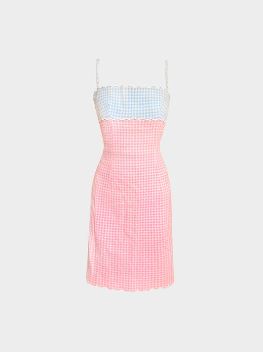 Gai Mattiolo 1990s Couture Blue and Pink Houndstooth Gingham Print Dress