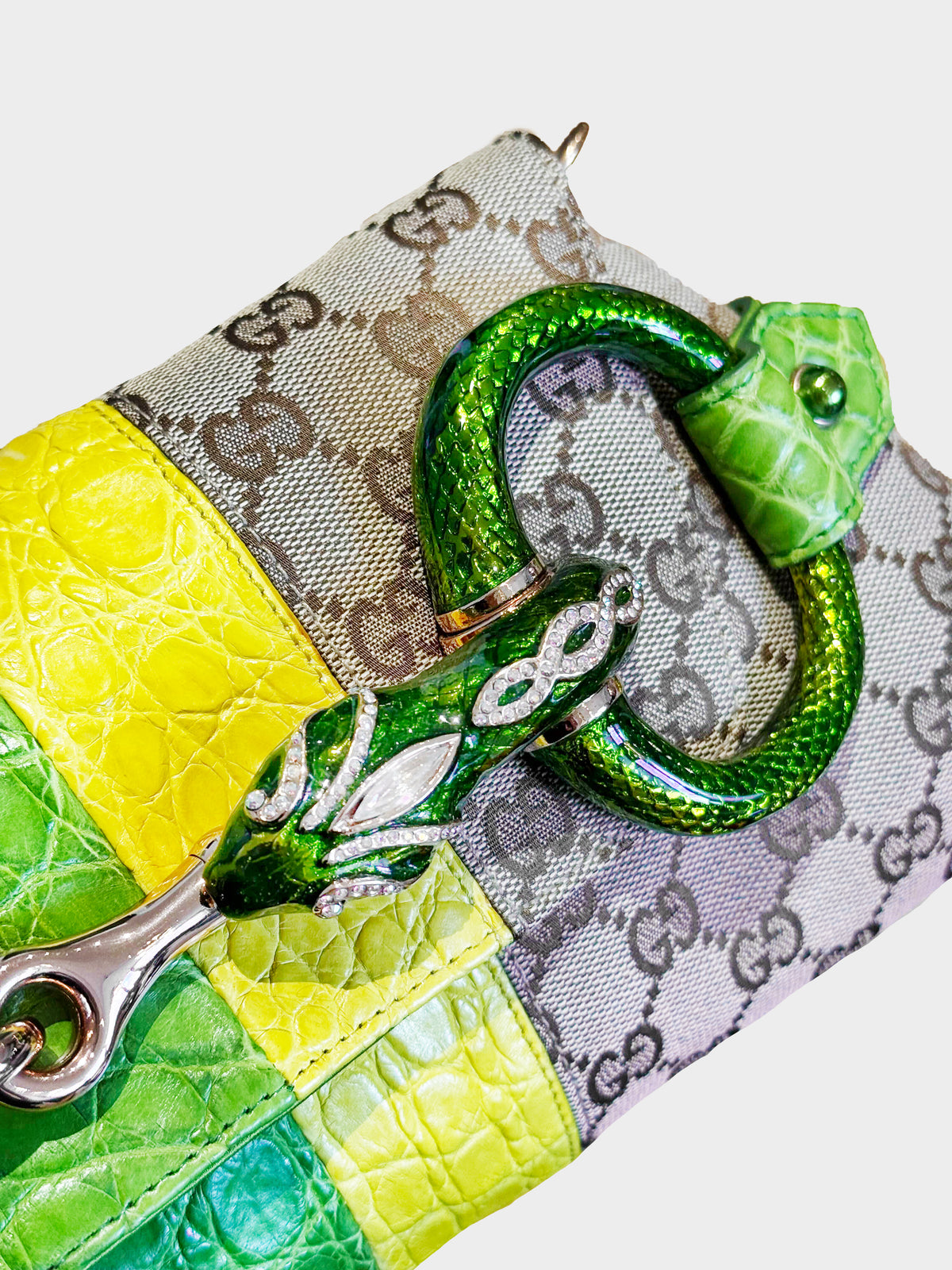 Gucci by Tom Ford 2004 Crystal Serpent Head GG Canvas Croc Leather Trim Horsebit Bag