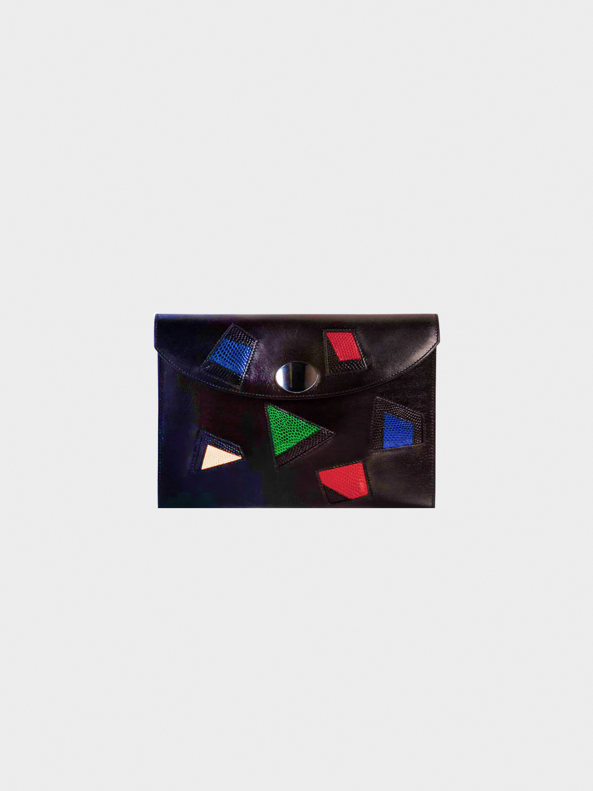 Hermes 1980s Black Leather Multicolored Lizard Clutch