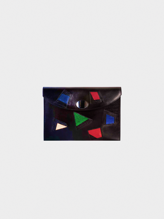 Hermes 1980s Black Leather Multicolored Lizard Clutch