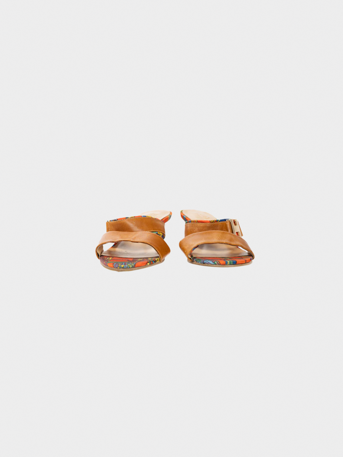 Hermes 2010s Brown Leather & Orange Printed-Silk Mule Sandals