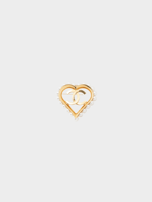 Chanel FW 2019 Gold-Tone Faux-Pearl-Embellished CC-Heart Brooch