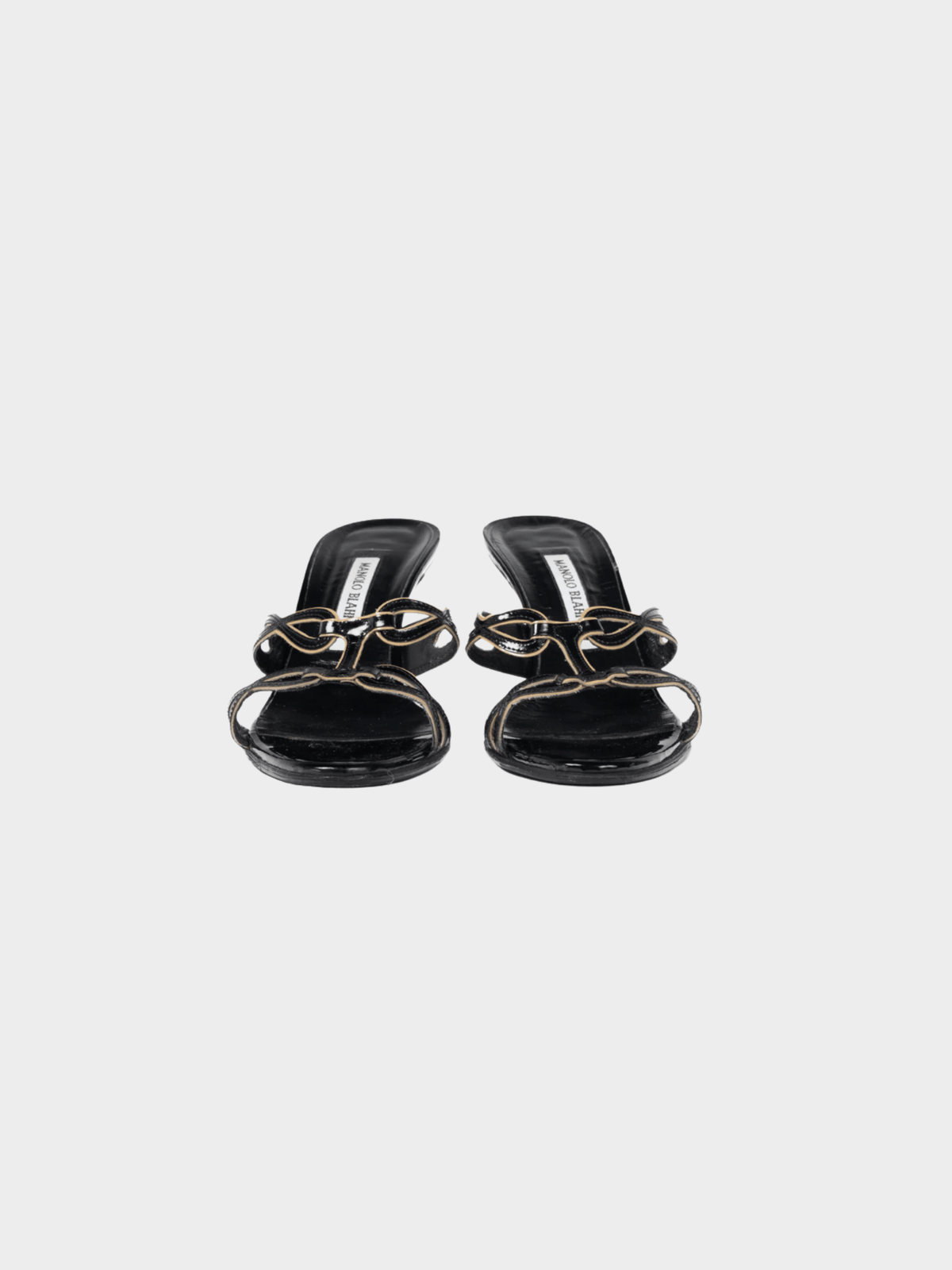 Manolo Blahnik 2000s Black Patent Cutout Piped Mule Sandals