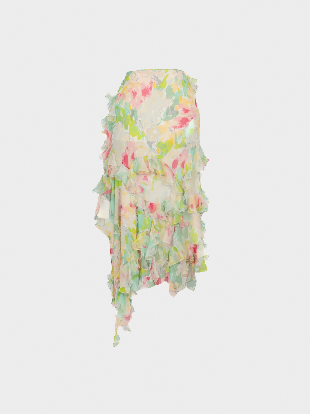 John Galliano 2000s Pastel Floral Silk Midi Skirt