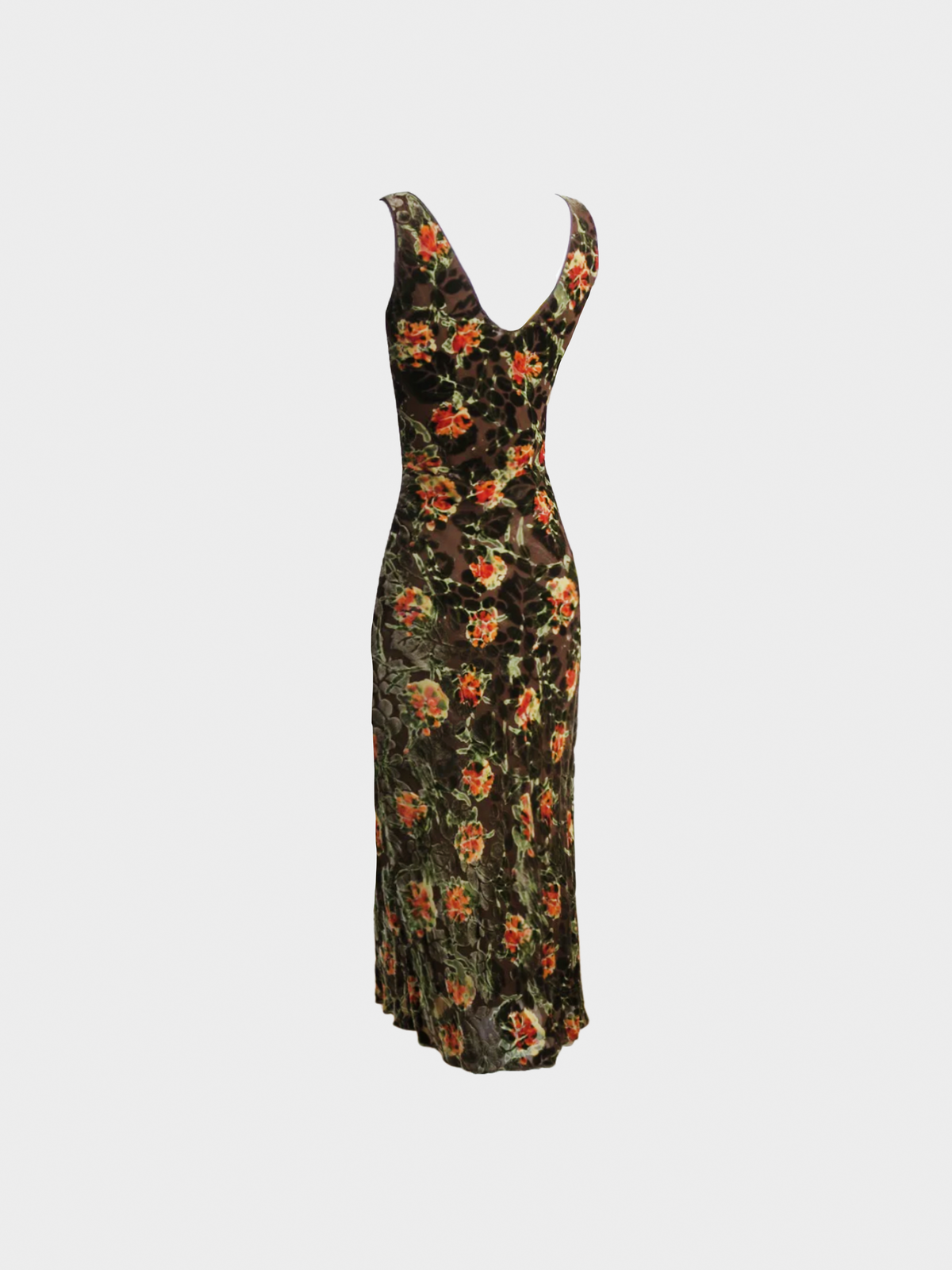 John Galliano FW 2005 Brown Silk Floral Midi Dress