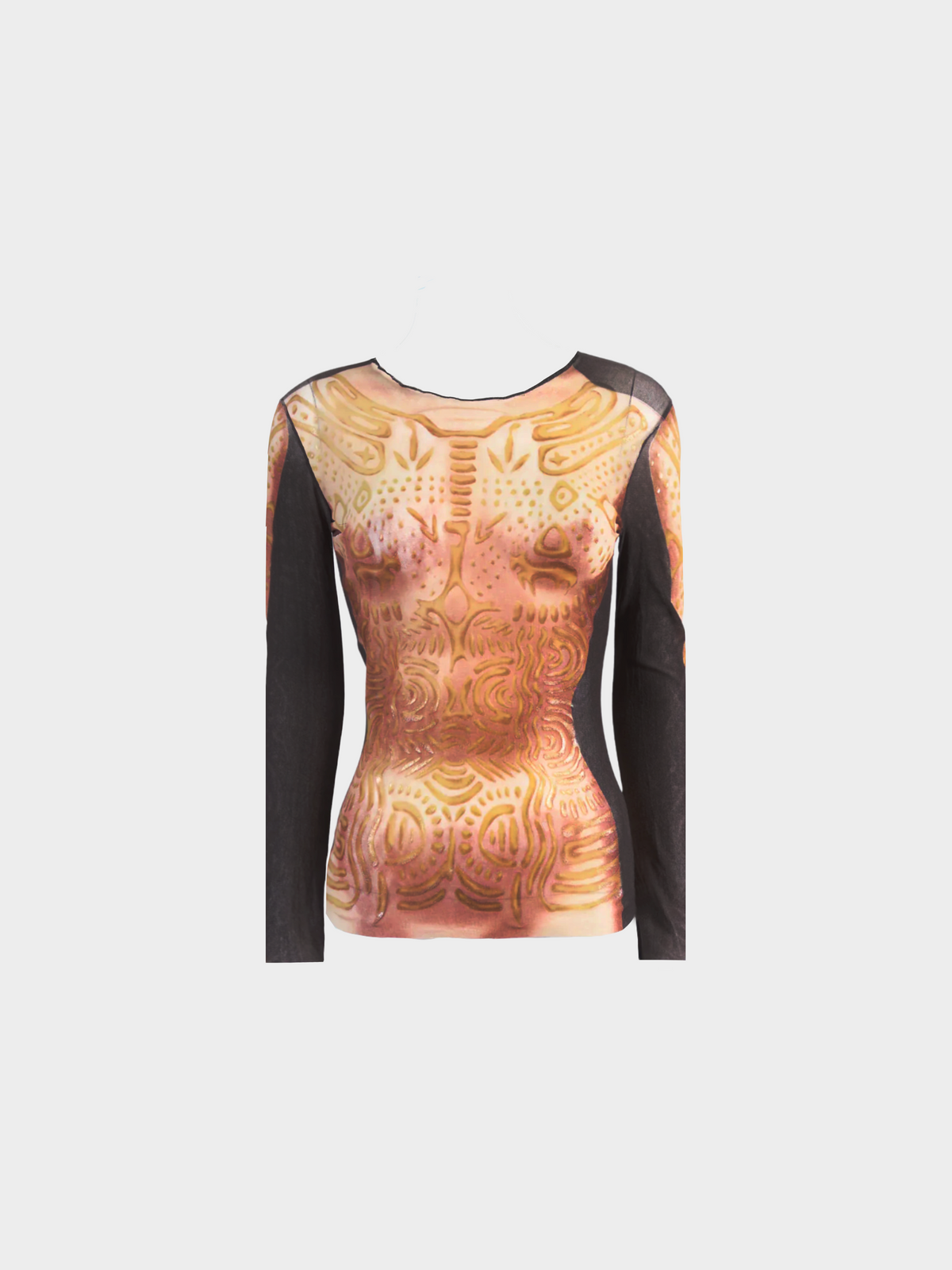 Jean Paul Gaultier 1990s Brown "Tattoo" Print Mesh Long Sleeve Top