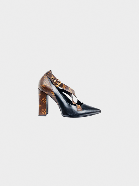Louis Vuitton 2018 Matchmake Black Leather & Monogram Canvas Crossover Pumps