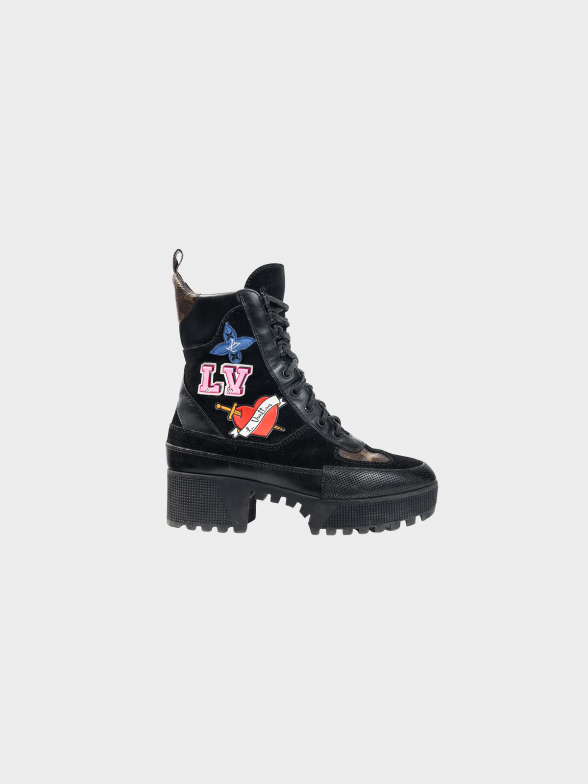 Louis Vuitton 2018 Laureate Black Suede Monogram Canvas Patch-Applique Platform Boots