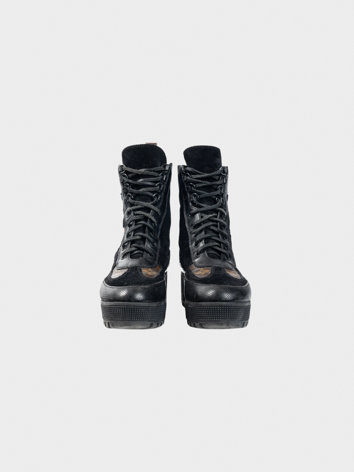 Louis Vuitton 2018 Laureate Black Suede Monogram Canvas Patch-Applique Platform Boots