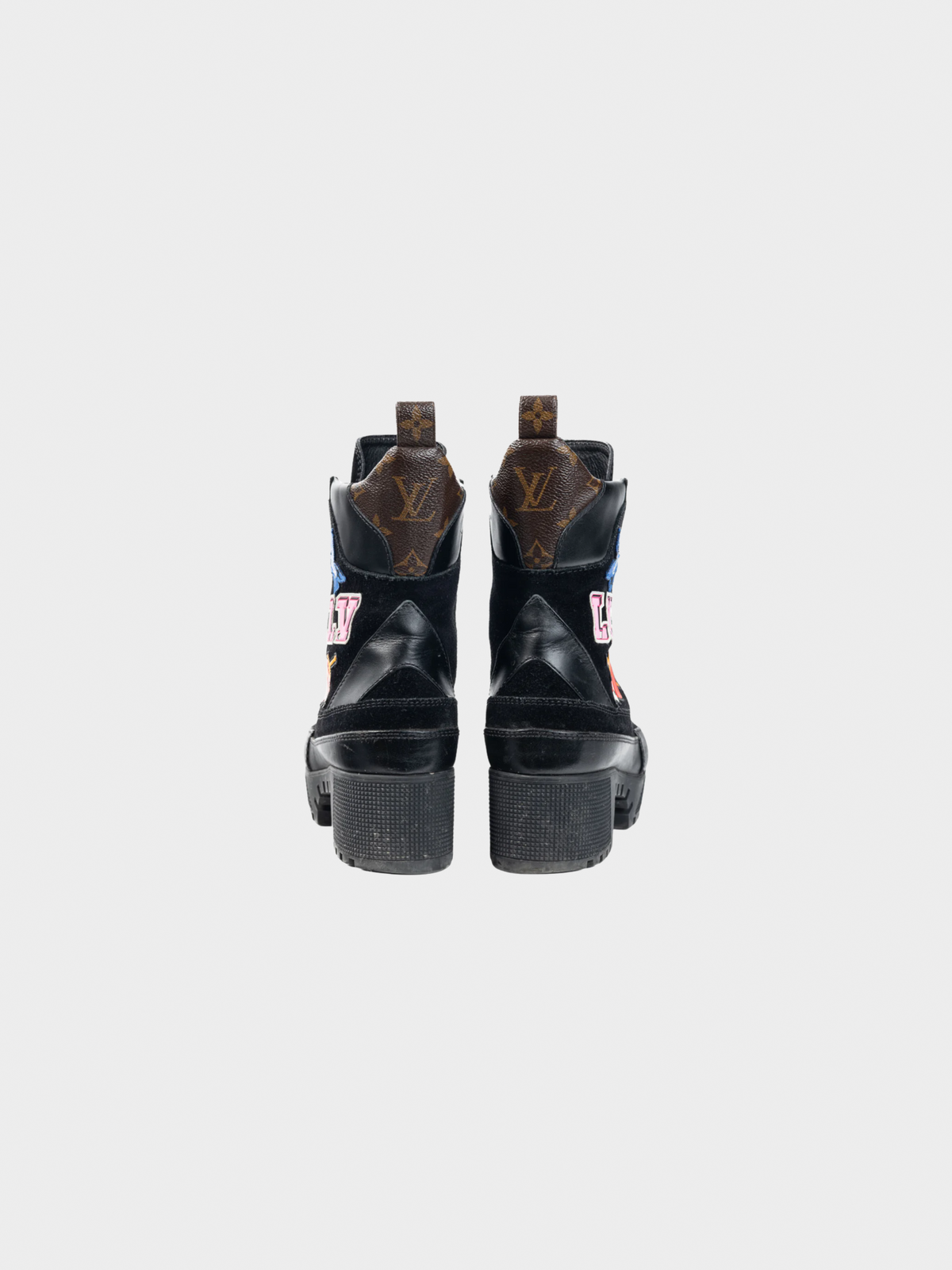 Louis Vuitton 2018 Laureate Black Suede Monogram Canvas Patch-Applique Platform Boots