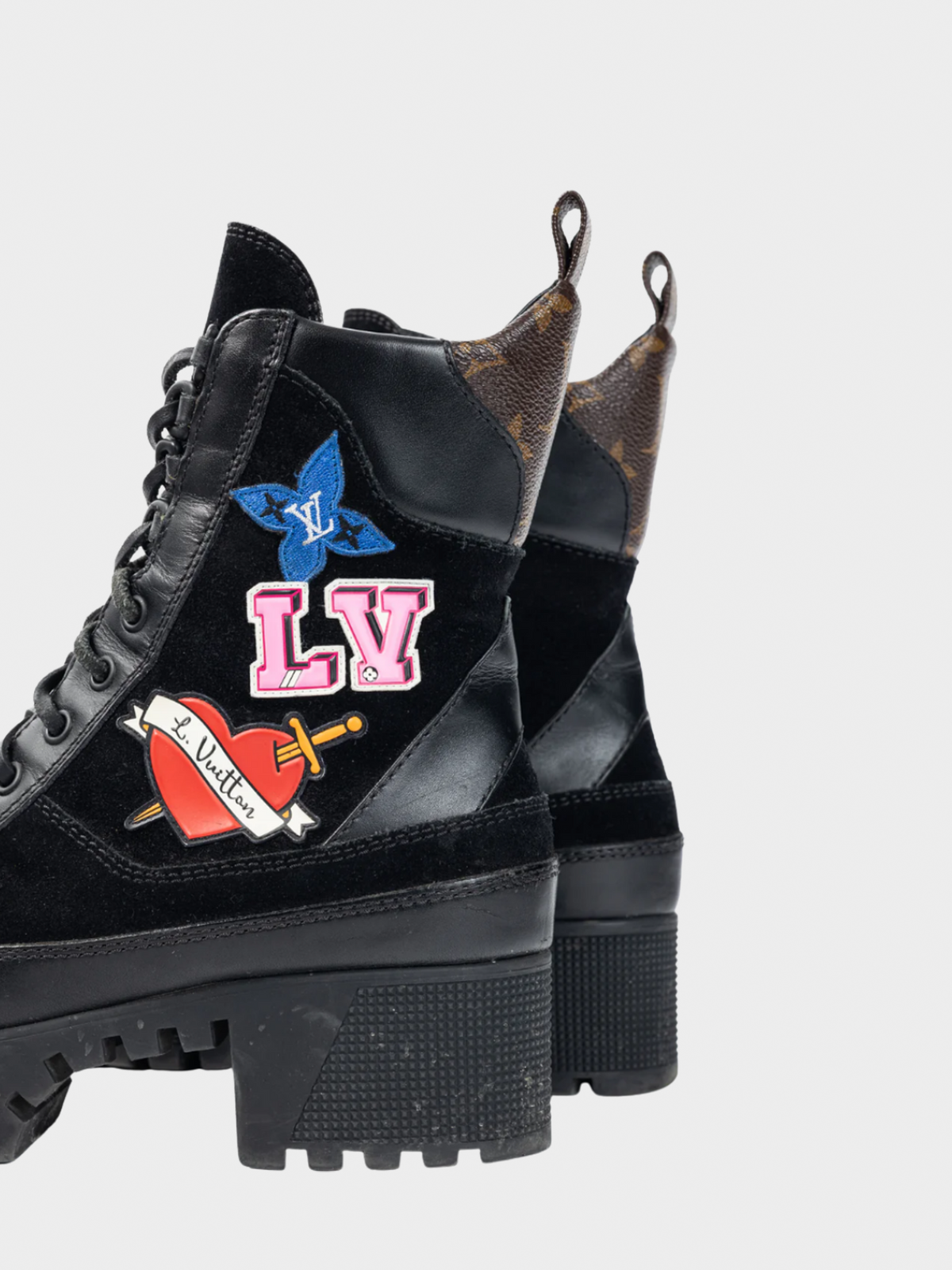 Louis Vuitton 2018 Laureate Black Suede Monogram Canvas Patch-Applique Platform Boots