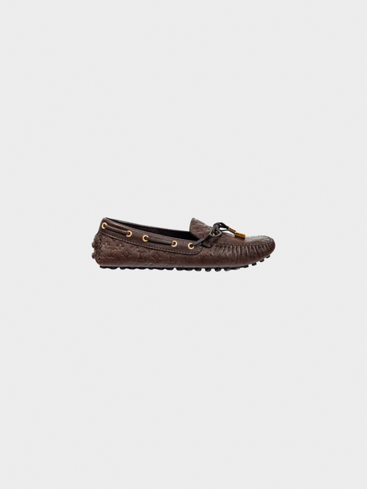 Louis Vuitton 2012 Gloria Brown Monogram-Embossed Leather Flat Loafers