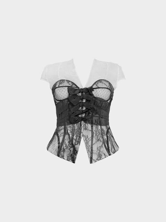 Christian Dior 2010s Black and White Peplum Lace and Mesh Corset Top