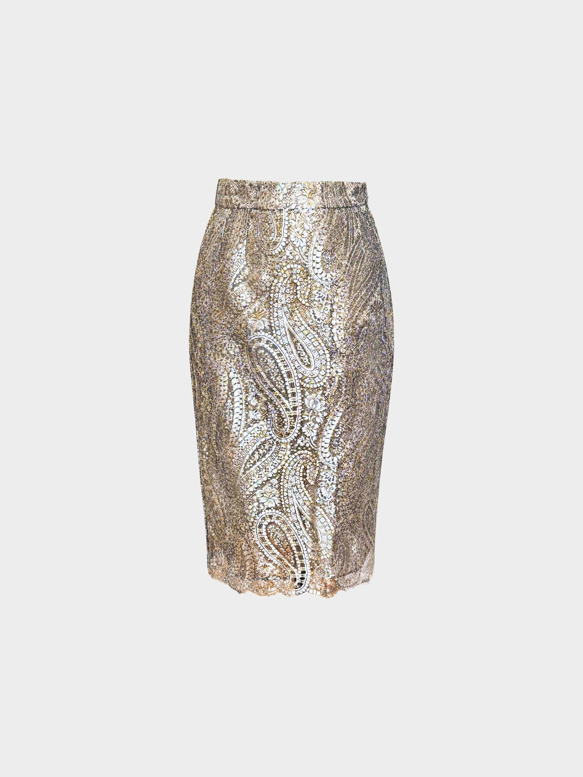 Chanel 2010s Gold and Silver Metallic Paisley Print Pencil Skirt