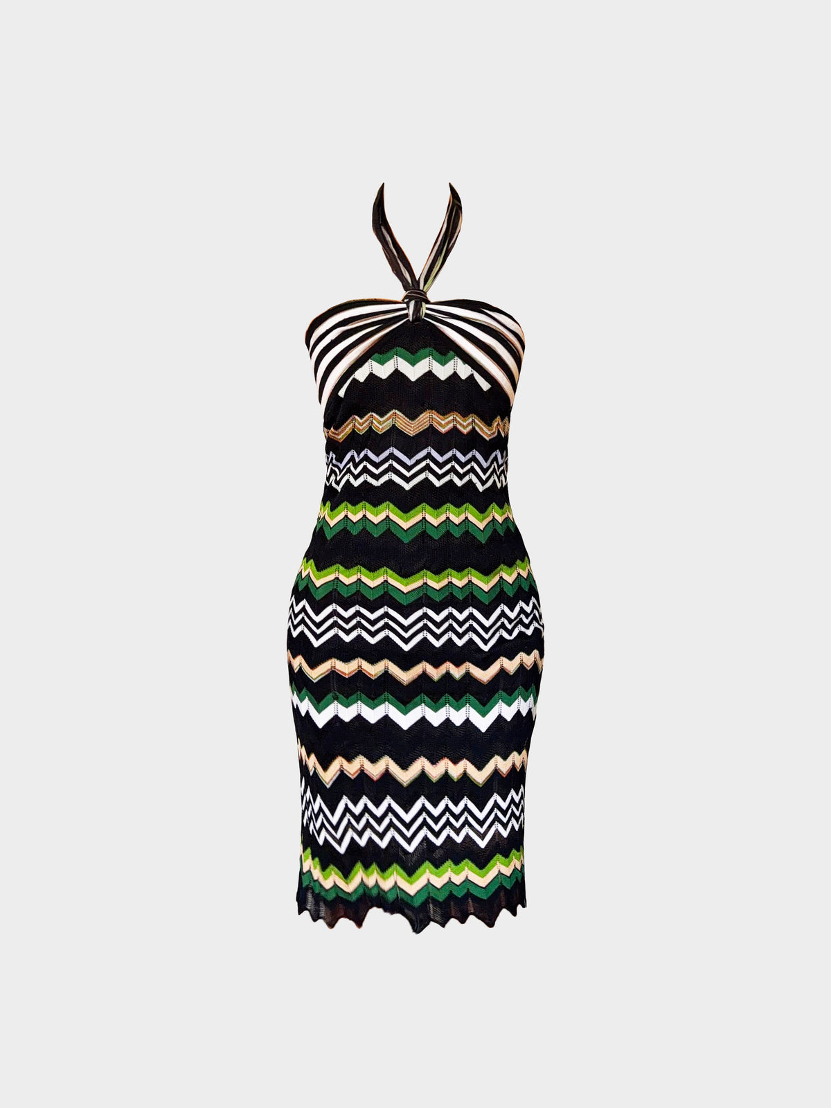Missoni 2000s Multicolor Zigzag and Stripe Print Knitted Halter Dress
