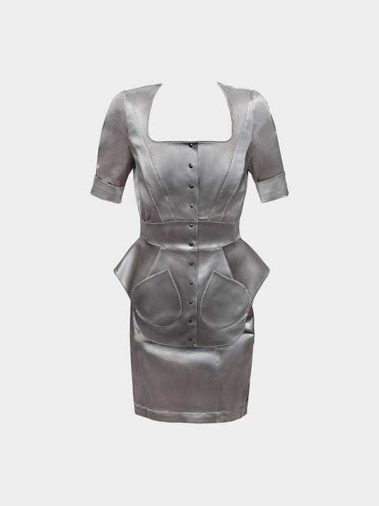 Thierry Mugler 2000s Grey Satin Acetate Peplum Jacket and Skirt Set