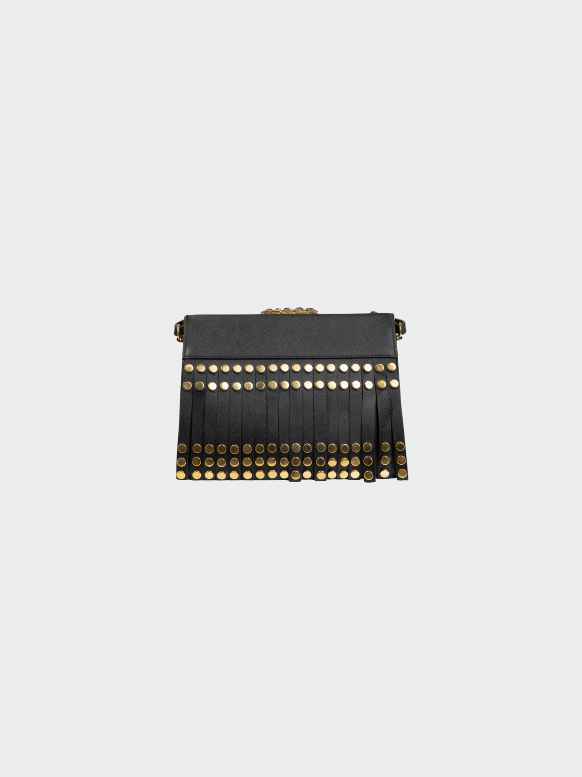 Prada 2000s Black Nero Saffiano Leather Studded Fringe Frame Shoulder Bag