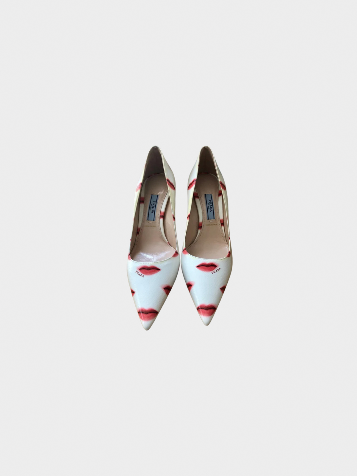 Prada 2016 Beige Leather with Red Lip Print Point Toe Pump Heels