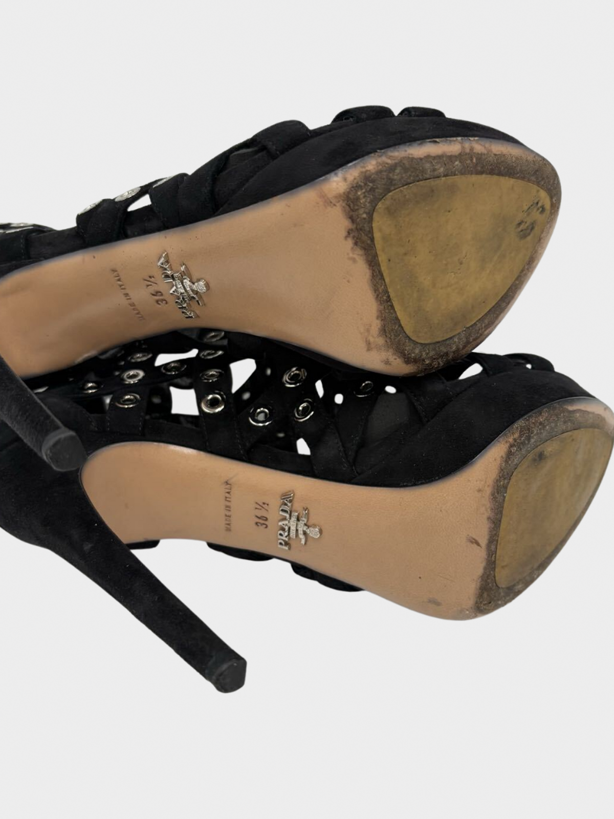 Prada 2000s Black Suede Eyelet Detail Platform Cage Booties