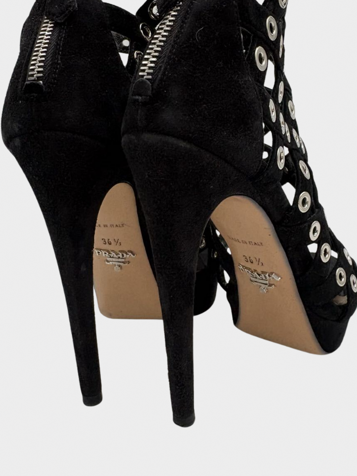 Prada 2000s Black Suede Eyelet Detail Platform Cage Booties