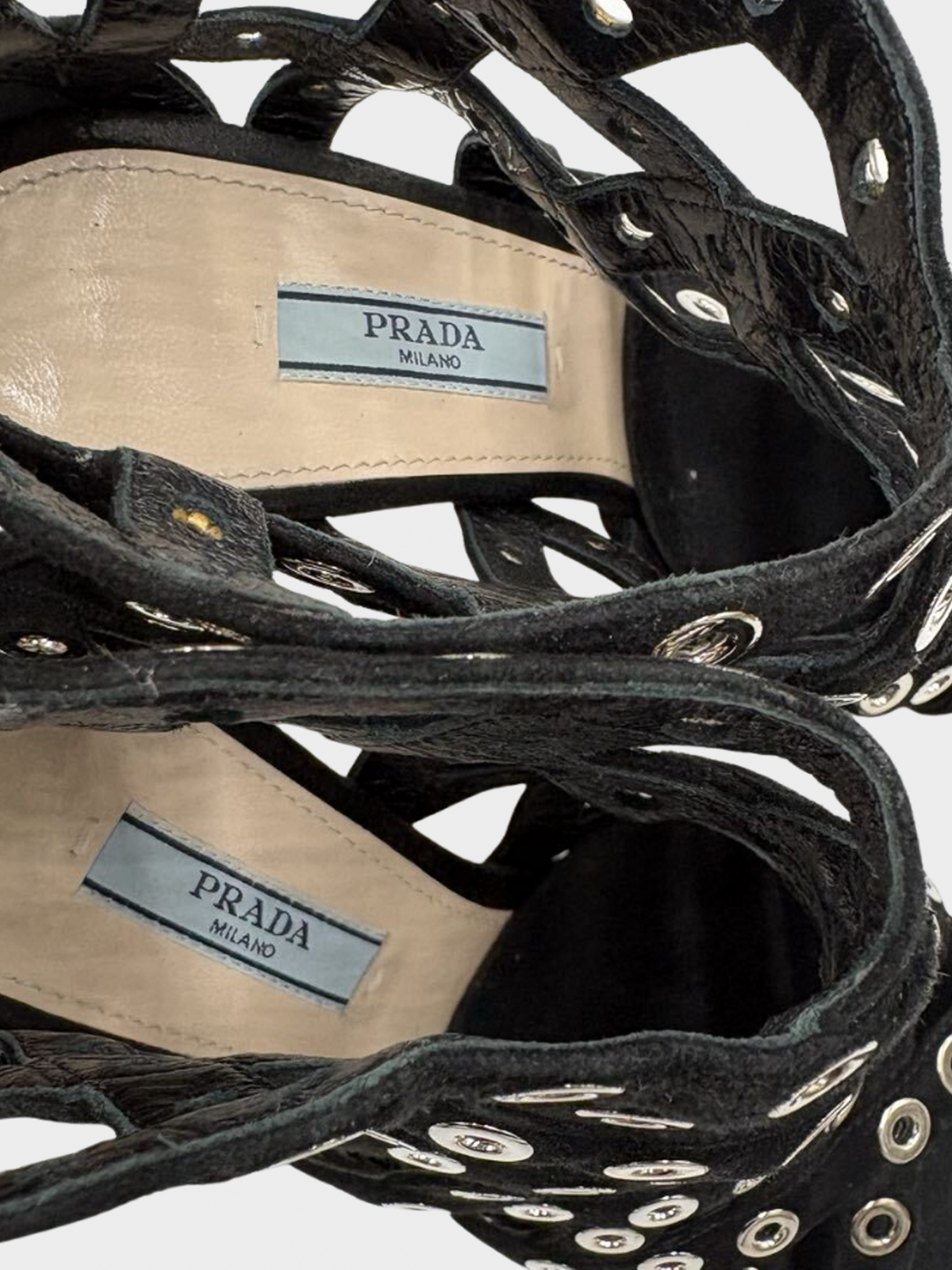 Prada 2000s Black Suede Eyelet Detail Platform Cage Booties