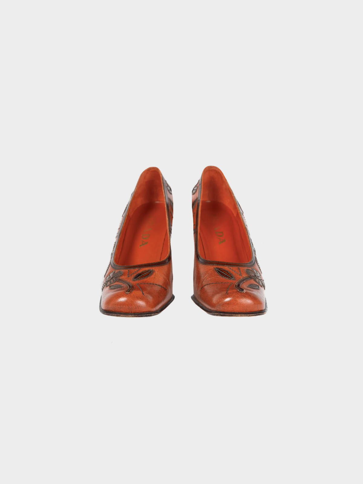 Prada AW 1996 Orange Leather Floral-Applique Pumps