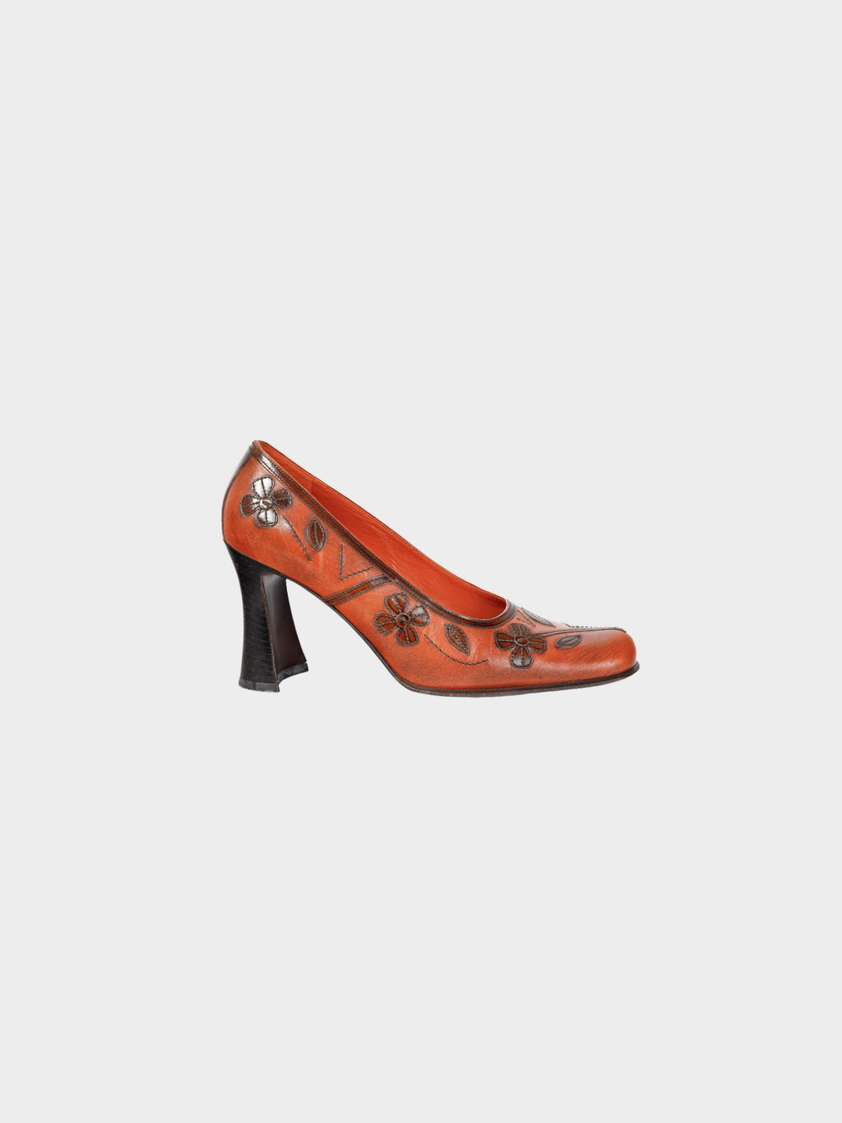 Prada AW 1996 Orange Leather Floral-Applique Pumps