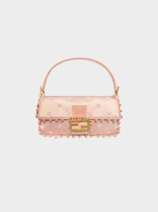 Fendi 1997 Re-edition Blush Pink Embroidered Satin and Pearl-detailed Baguette