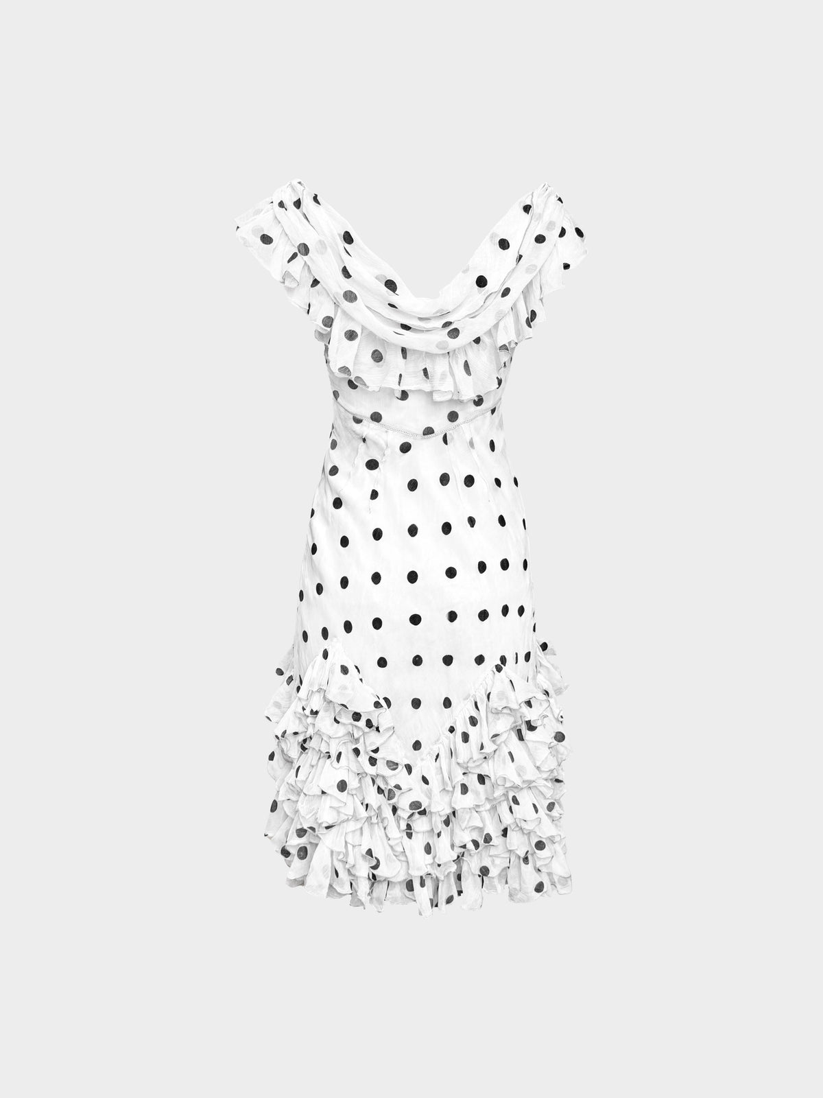 John Galliano 2000s White and Black Polka Dot Ruffled Dress