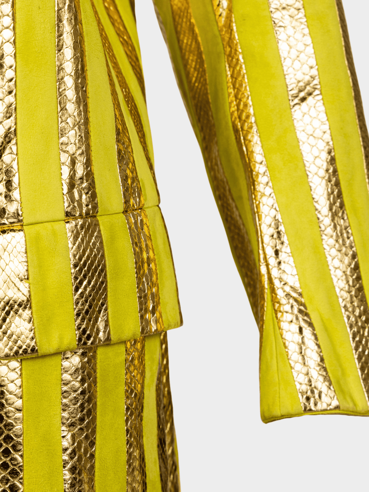 Prada SS 2016 Runway Metallic Gold Snakeskin and Chartreuse Suede Striped Coat