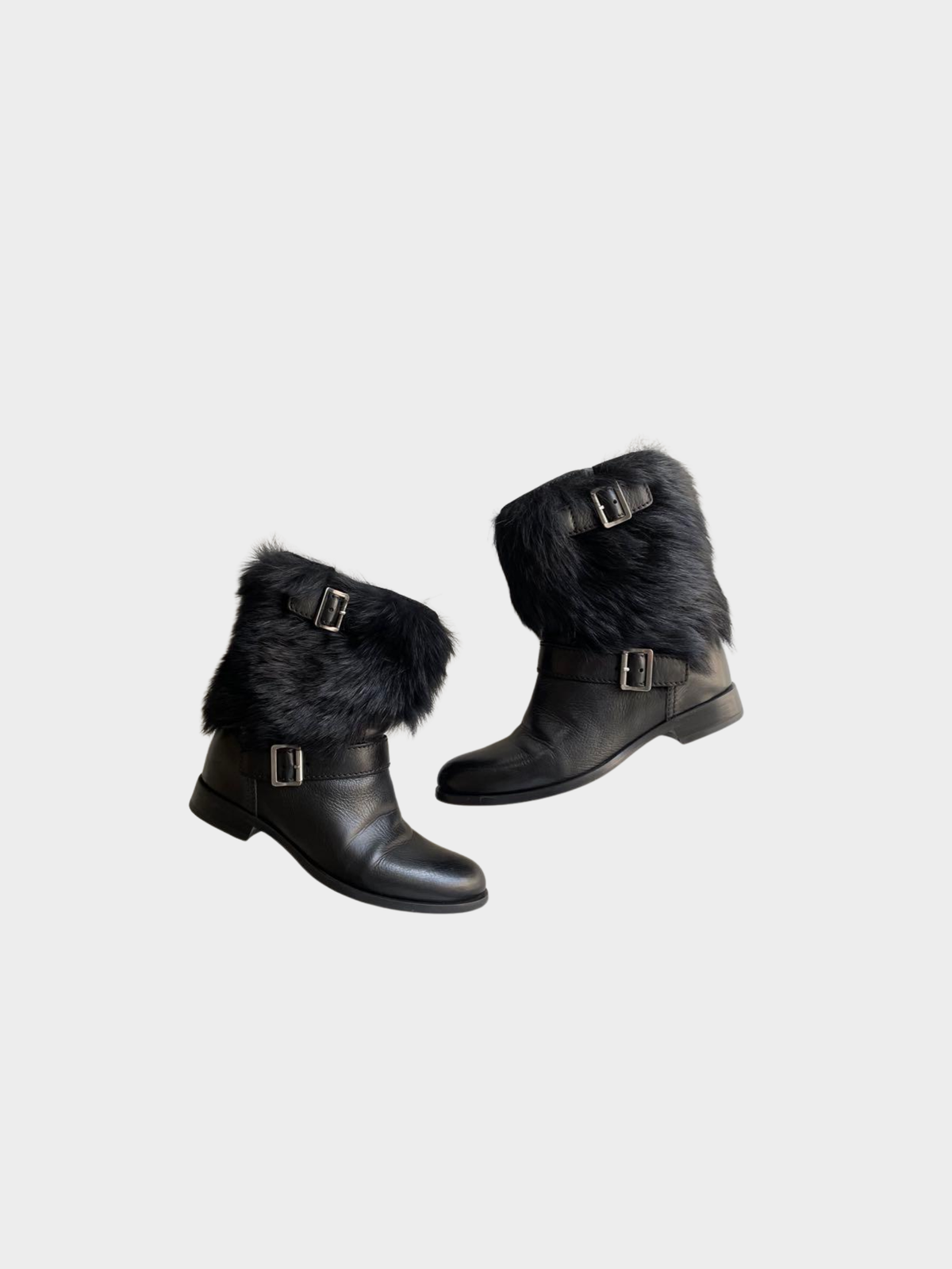 Prada 2000s Black Pony Fur Buckle Strap Ankle Boots