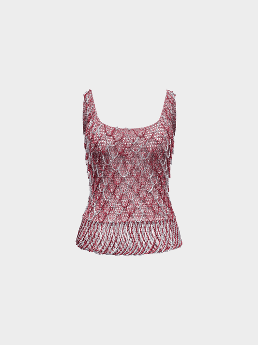 Loris Azzaro 1970s Red and Silver Metallic Crochet Top
