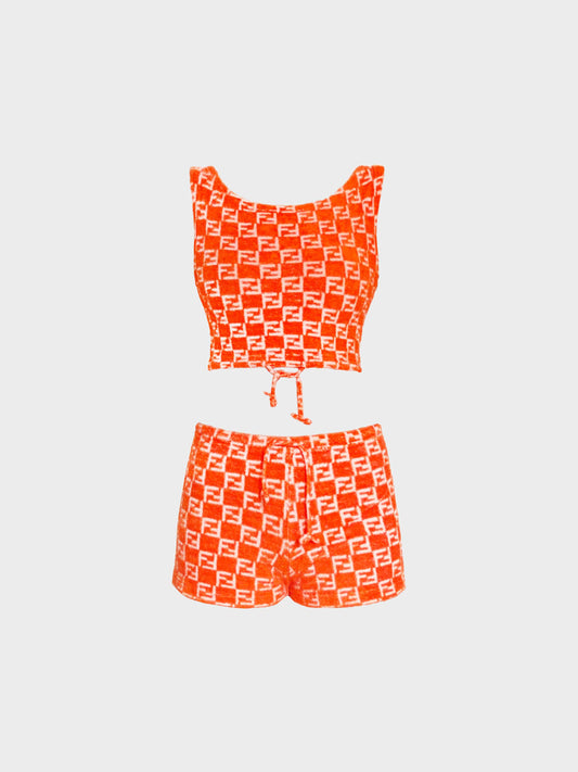 Fendi 1990s-2000s Orange Terrycloth Logo Print Top and Shorts Set