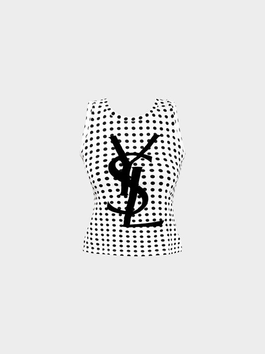 Yves Saint Laurent 2000s White and Black Polka Dot YSL Logo Tank Top