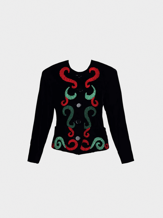 Yves Saint Laurent 1989 Runway Velvet Red and Green Embroidered Jacket