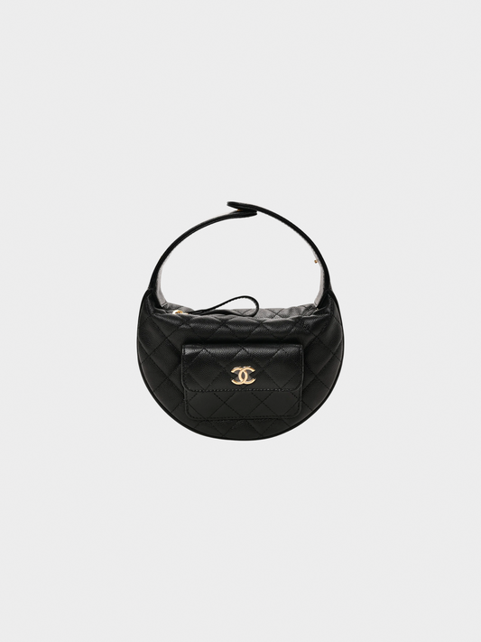 Chanel 2023 Black Caviar Quilted Polly Pocket Pouch Hobo Bag