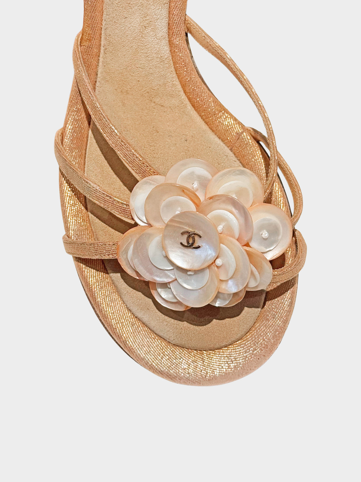 Chanel 2000s Peach Camellia Shell Heeled Mules