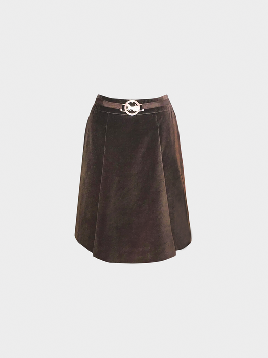 Celine 2007 Brown Velvet Buckled Pleated Mini Skirt