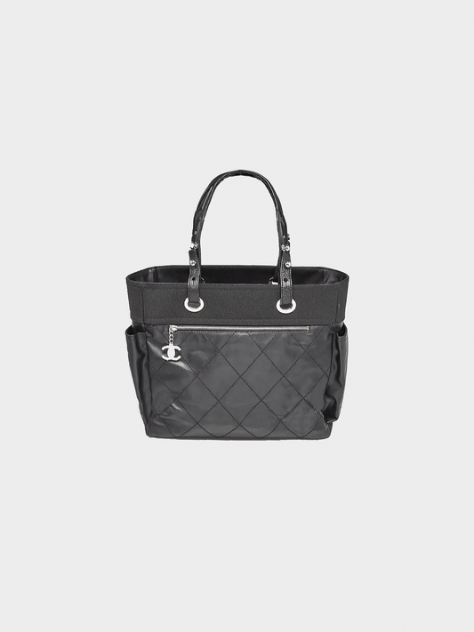 Chanel 2012 Black Quilted Coated Canvas Paris Biarritz Grand Shopping Tote Bag