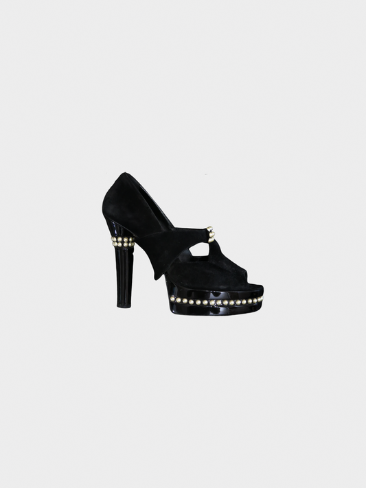 Chanel Pre-Fall 2009 Paris-Moscow Black Suede Open Toe Faux Pearl Pumps