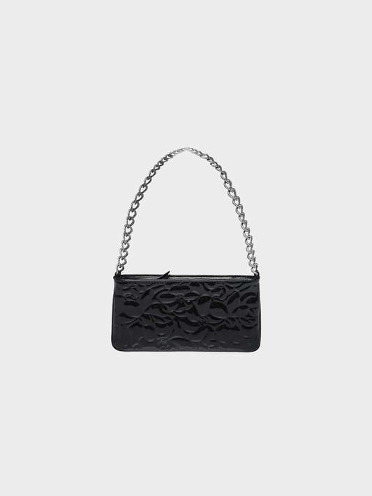 Chanel 2000s Black Camellia Embossed Patent Leather Mini Pochette Bag