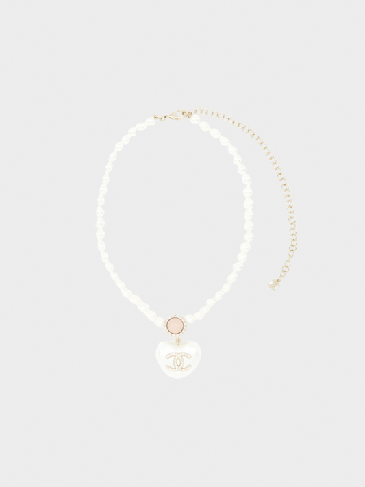 Chanel 2000s Pink,White, and Gold Coco Mark Heart Necklace