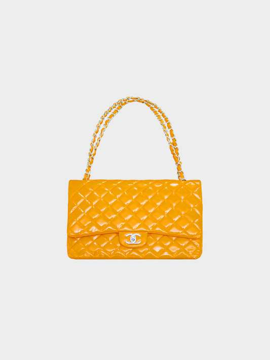 Chanel 2010s Orange Classic Patent Jumbo Double Flap Bag