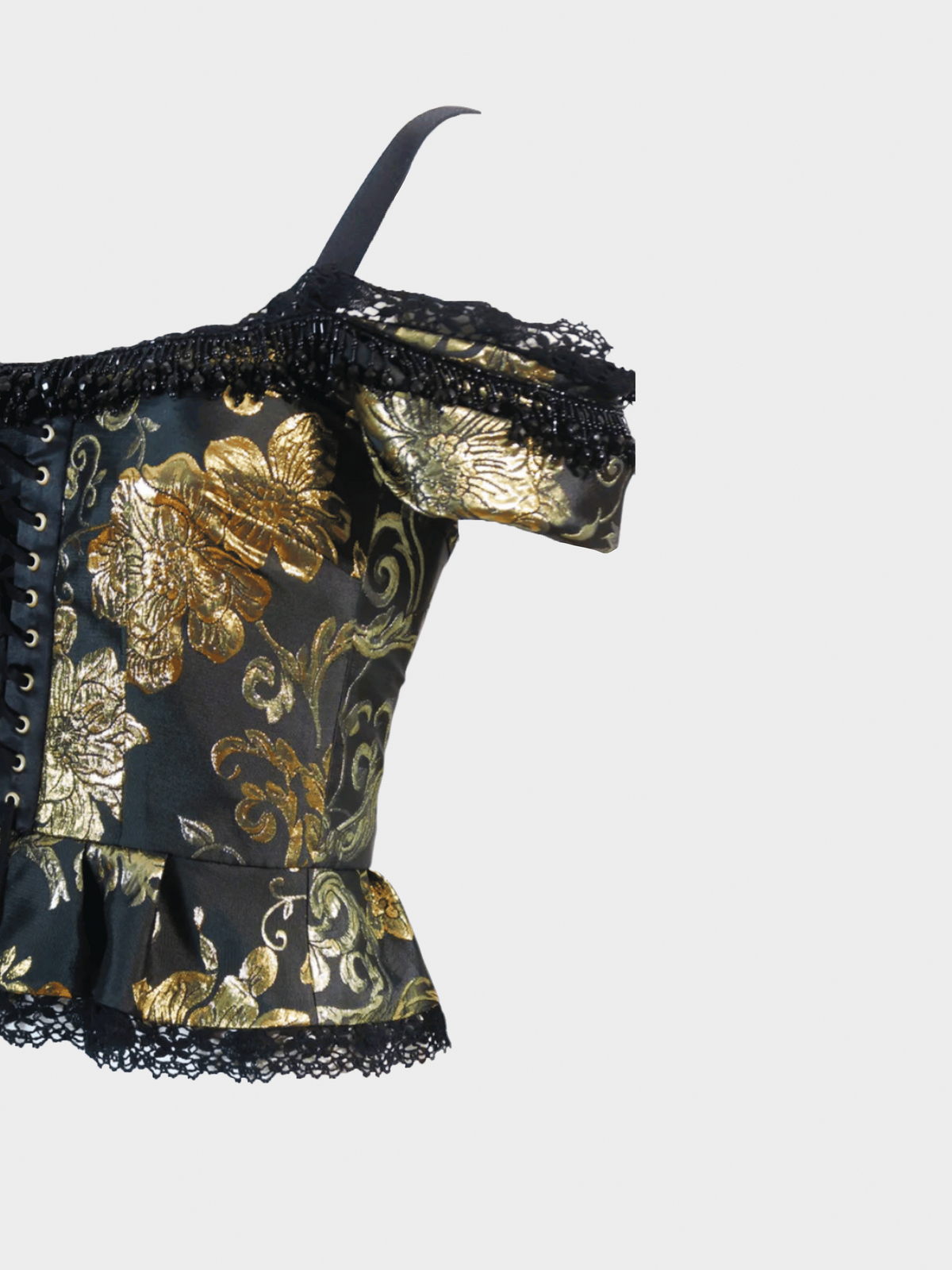 Dolce and Gabbana FW 2017-2018 Runway Black and Gold Jacquard Bead Detail Off Shoulder Corset Top