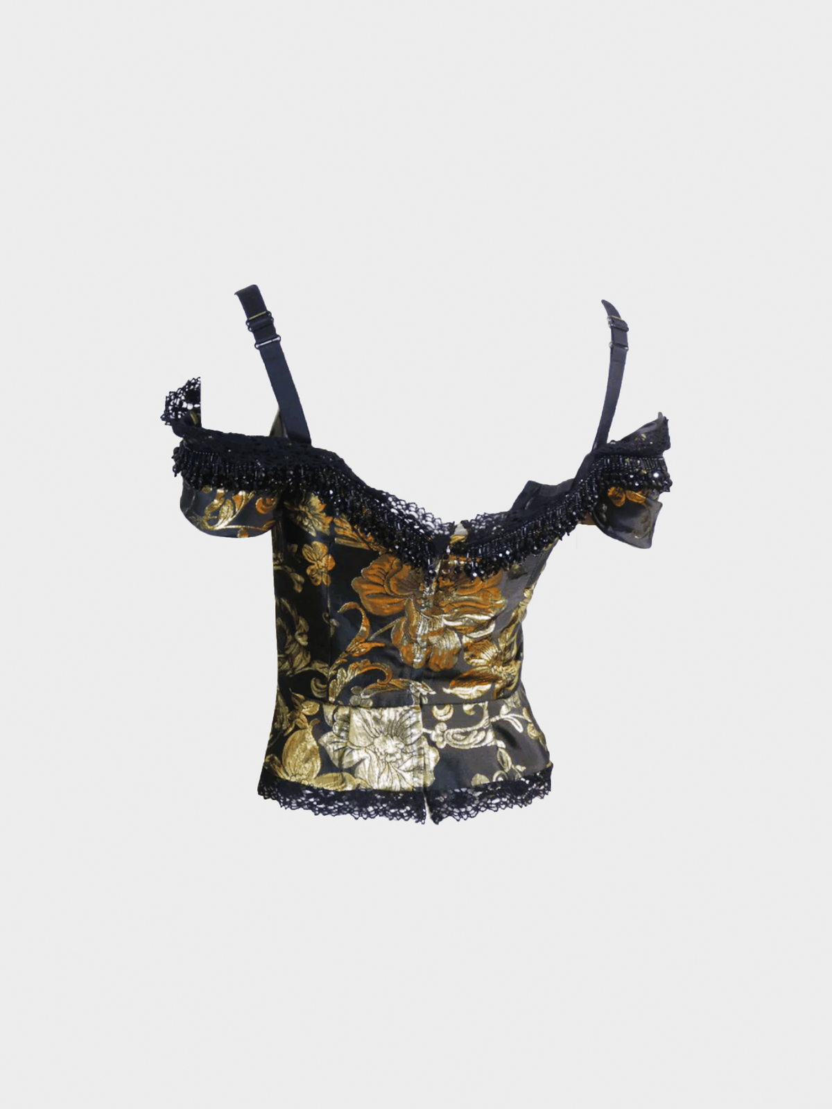 Dolce and Gabbana FW 2017-2018 Runway Black and Gold Jacquard Bead Detail Off Shoulder Corset Top