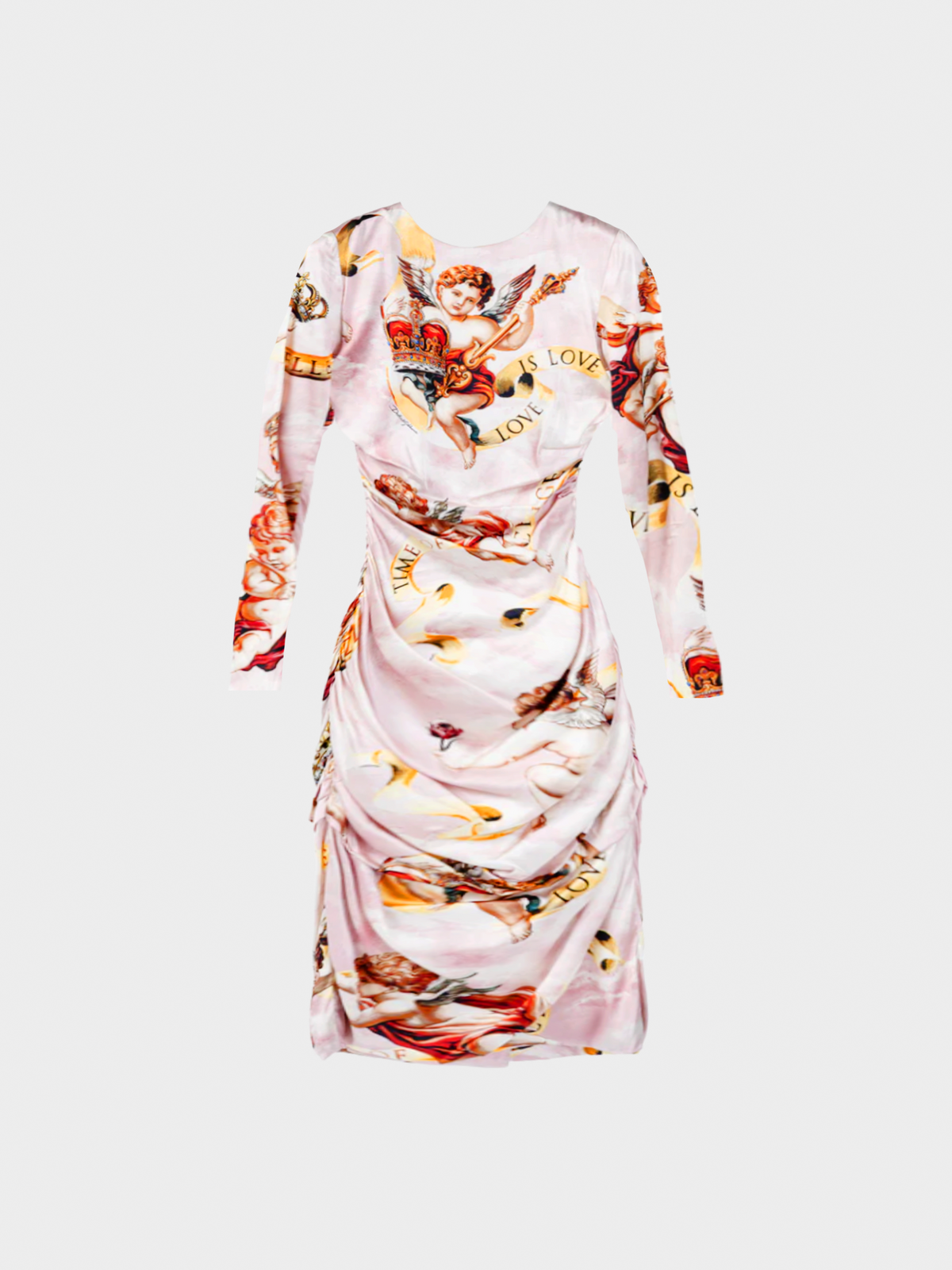 Dolce and Gabbana SS 2018 Pink Silk-Satin Cherub-Print Midi Dress