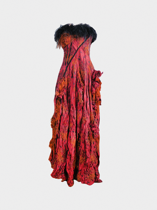 Christian Lacroix FW 2002 Red Tapestry Design with Ostrich Feather Gown