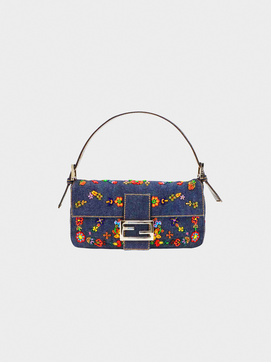 Fendi 2000s Rare Floral Beaded Denim Baguette