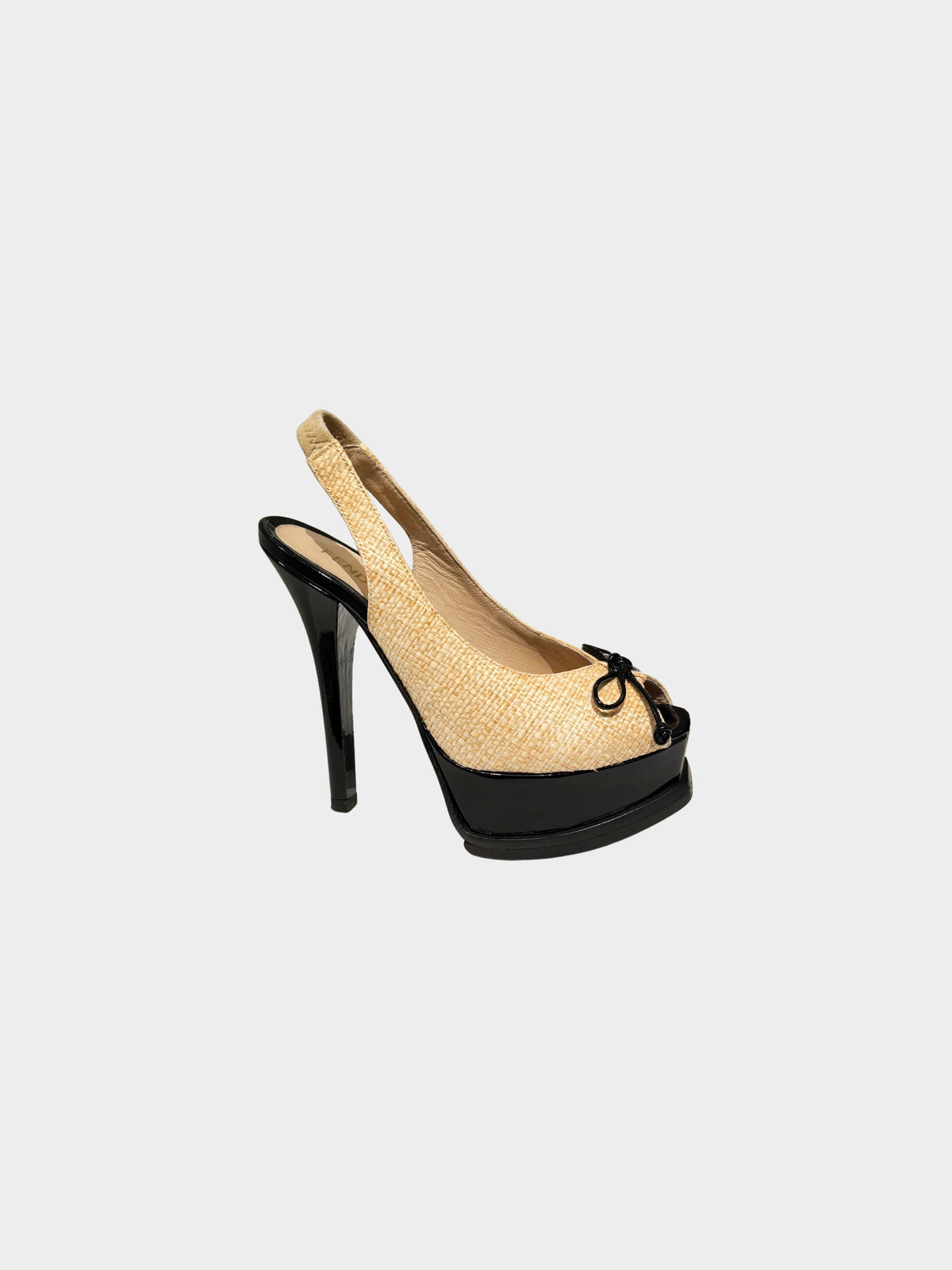 Fendi 2010s Beige and Black Raffia Peep-Toe Slingback Heels