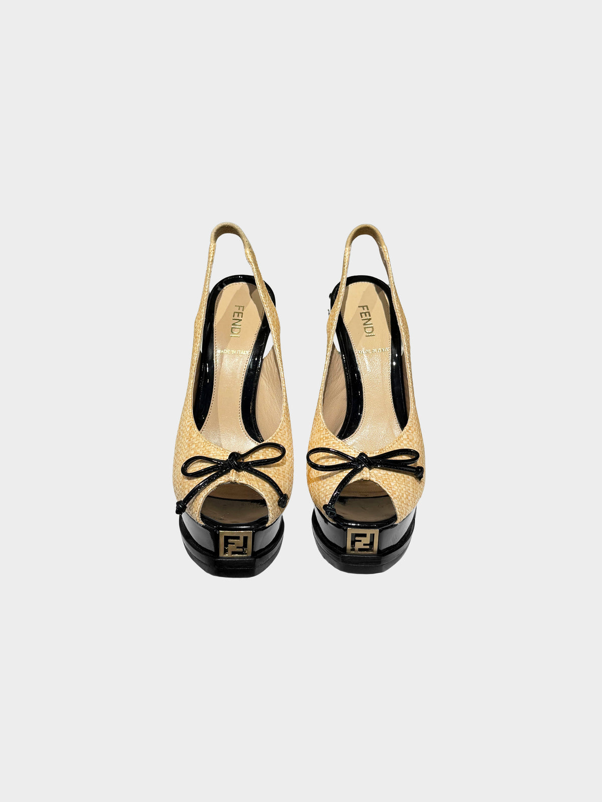 Fendi 2010s Beige and Black Raffia Peep-Toe Slingback Heels